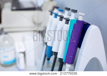 Health guard. Innovative medical equipment for analysis  is in row fastening to the stand which located in the laboratory