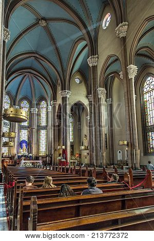 ISTANBUL TURKEY: Interior of St. Antuan Church alternatively known as the Sant'Antonio di Padova Church S. Antonio di Padova Catholic Church on Istiklal Avenue on October 6 2017