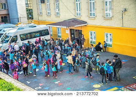 ISTANBUL TURKEY: Cortyard of primary school Firuzaga in Beyoglu district children with their parents on October 6 2017