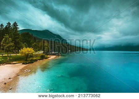 Raining on Bohinj lake beautiful Bohinj lake. Unique glacial lake in Slovenian national park Triglav.