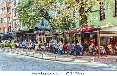 ISTANBUL TURKEY: Popular street cafe in Cihangir quarter Beyoglu district on October 6 2017