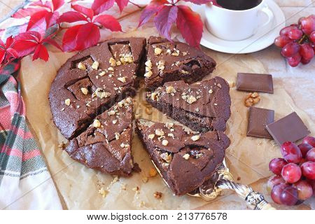 Kladdkaka Swedish chocolate cake and cup of coffee
