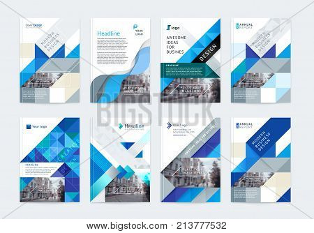 Vector set of templates booklet cover design, poster, magazine, brochures, flyers A4 with logo, place for photo and text. Geometric colorful shapes and textures triangles, squares, circles, waves.