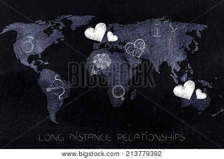 World Map With Love-themed Icons Across Continents