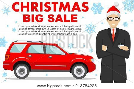 Christmas and New Year big sale. Smiling salesperson in the Santa Claus hat showing the car. Auto business car sale concept. Detailed illustration of businessman and red auto on white background in flat style.