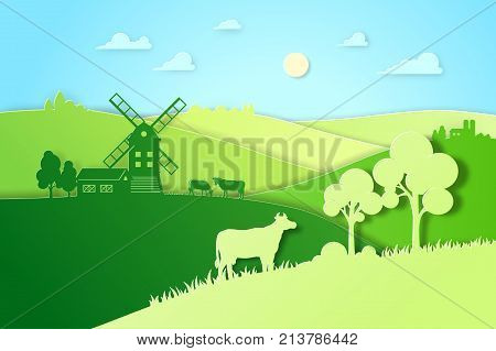 Paper design fields and meadow illustration eco natural farming concept. Farm landscape vector flat illustration for eco product package. Ecological green farming