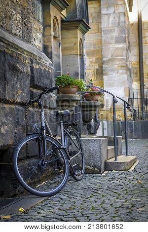 texture of stone and cobblestone bicycle on a city street.