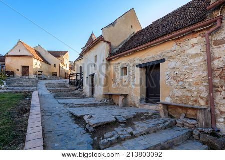 Rasnov citadel medieval paved street. Transylvania Romania