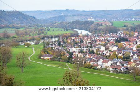 Autumn view to Offenau from tower in Bad Wimpfen, old traditional German city in Baden-Wurttemberg, Germany
