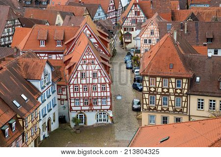 View to old traditional German houses in Bad Wimpfen city, Baden-Wurttemberg, Germany