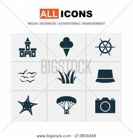 Includes Icons Such As Sunhat, Video, Wheel And Other.  Sun Icons Set.