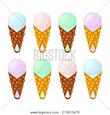 Ice cream in belgian waffles, sundae, chinese waffle - tasty dessert. Made in cartoon flat style. Vector illustration