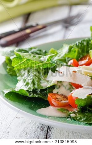 Grilled chicken salad with tomatoes and parmesan cheese