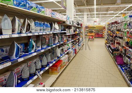 MOGILEV BELARUS - SEPTEMBER 28 2016: Household appliances in large modern shopping center Gippo Mogilev Belarus