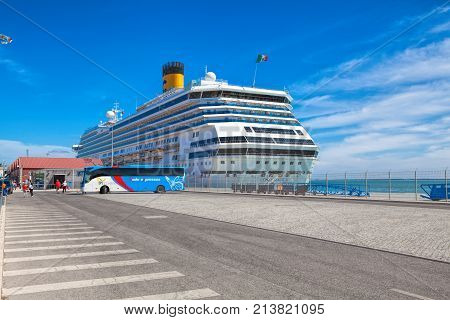LISBON PORTUGAL - SEPTEMBER 14 . 2017 . Large luxury cruise ship Costa Magica docked at Lisbon