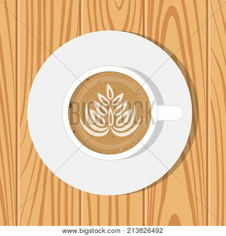Cup Of Coffee And Saucer, Top View, On Realistic Wooden Surface. Vector Illustration. Cappuccino Wit