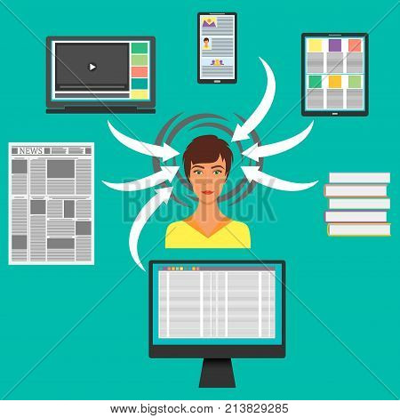 Young Woman Surrounded By Gadgets, Books And Newspapers. Computer, Smartphone, Tablet, Laptop And Ha