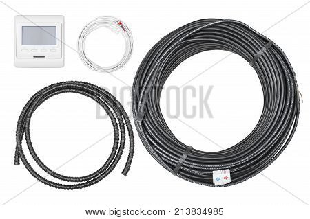 Set for electric floor heating heating cable temperature sensor temperature controller corrugated tube closeup isolated on a white background with clipping paths