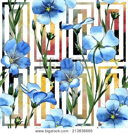 Wildflower flax  pattern in a watercolor style. Full name of the plant: flax . Aquarelle wild flower for background, texture, wrapper pattern, frame or border.
