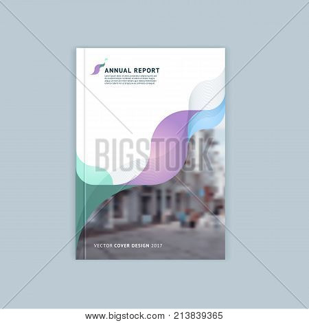 Abstract cover design, business brochure template, layout, report, magazine or booklet in A4 with blue green blurred dynamic waves, soft lines and smooth forms. Vector.