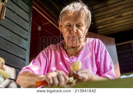 Senior woman pealing potatoes. Granny cooking delicous food.