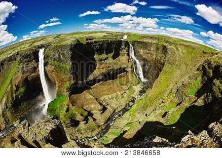 famous Haifoss waterfall in southern Iceland. treking in Iceland. Travel and landscape photography concept