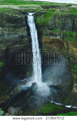 famous Haifoss waterfall in southern Iceland. treking in Iceland. Travel and landscape photography concept