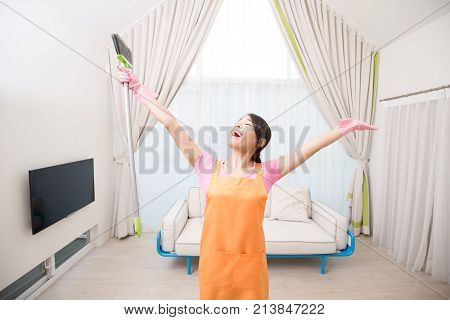 woman feel free in the living room