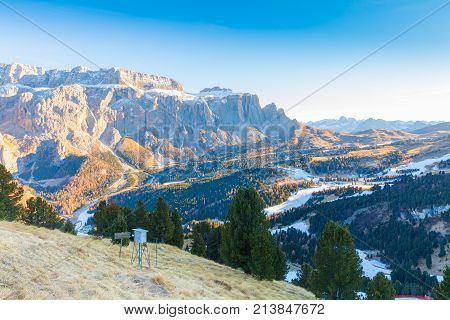 Suisi Alp at sunset in winter Italian Alps aerial view