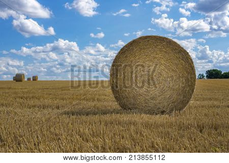 Bale Of Hay In Field In Front Of Clouds Sky
