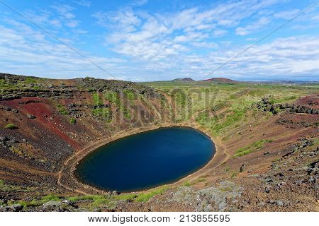 Kerid Volcanic Crater Lake On The Touristic Golden Circle Route In Iceland In Summer.