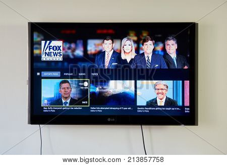 MONTREAL CANADA - NOVEMBER 15 2017: Fox News on LG TV screen. Fox News is an American basic cable and satellite television channel.