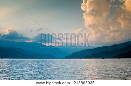 Lake in the Pokhara at sunset. Beautiful view
