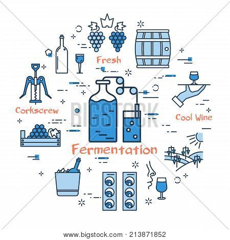 Vector linear blue round concept of Fermentation. Thin line icons of wine making, storage and bottles and glasses. Modern web banner on white background