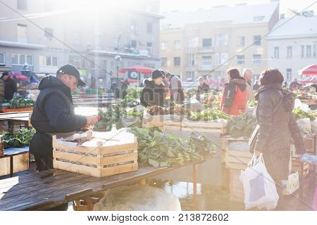Zagreb, Croatia: January 7 2016: Man Sorting Out Vegetables At Dolac Market During Wintertime With S