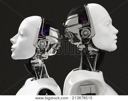 3D rendering of the heads of a female and male robot. They have their heads turned away from each other standing back to back. Black background.