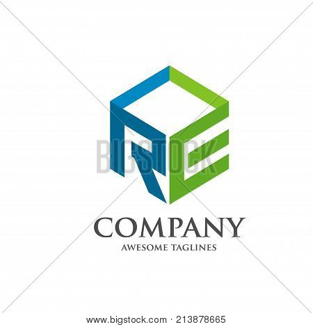 RE letter with box 3d style Business design template logo icon