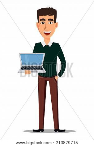 Business man cartoon character. Young handsome smiling businessman in smart casual clothes holding laptop. Stock vector