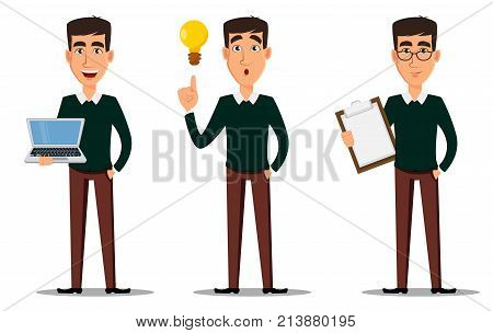 Business man cartoon character. Young handsome smiling businessman in smart casual clothes with laptop with clipboard and with lamp. Set of three illustrations. Stock vector