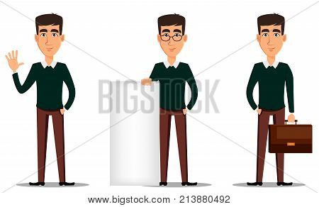 Business man cartoon character. Young handsome smiling businessman in smart casual clothes. Set of three illustrations. Stock vector