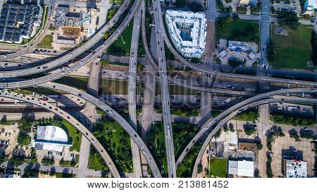 Straight Down Aerial Drone View Above Transportation Highway , Intersection And Interchange Over Pas