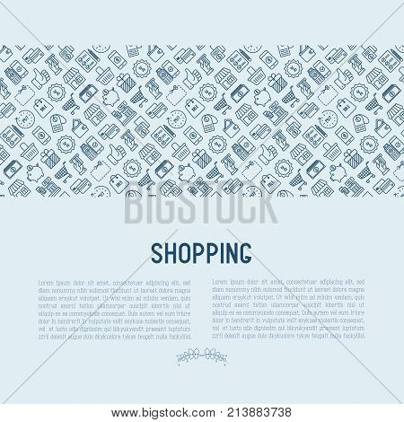 Shopping concept with thin line icons: cashbox, payment, pos terminal, piggy bank, sale, currency, credit card, trolley. Vector illustration for banner, print media.
