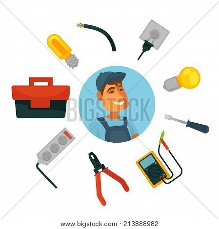 Electrician profession infographics poster template. Electric engineer or electricity repairman worker with work tools ampermeter, screwdriver and voltmeter Vector flat illustration