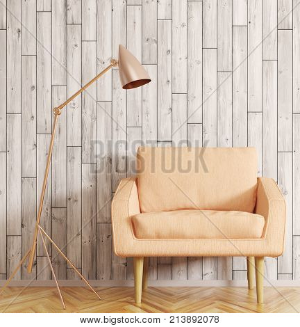 Interior Of Room With Armchair And Floor Lamp 3D Rendering
