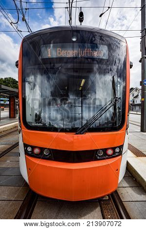BERGEN, NORWAY - JUNE 15,2017: Bergen Light Rail Bybanen . The line of the Bergen tram received the 2011 award as the best in the world.