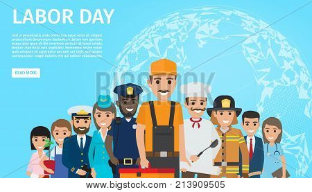 International labor day web banner with people professions. Occupations cartoon characters in uniform flat vector on planet background. Workforce diversity illustration for holiday landing page