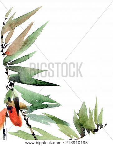Watercolor and ink illustration of tree foliage. Oriental traditional paintind u-sin sumi-e. Artistic background for card invitation or cover.