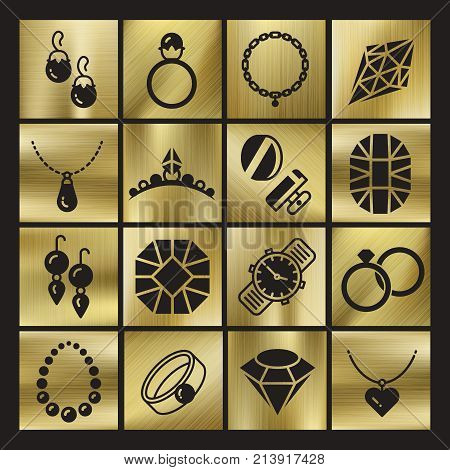 Golgen luxury jewelry icons set. Ring jewelry and diamond symbol, vector illustration