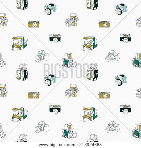 Trendy seamless pattern with hand drawn half colored vintage and modern photo cameras on white background. Vector illustration in doodle style for wallpaper, wrapping paper, textile print, backdrop