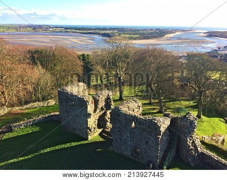 DUNDRUM - NORTHERN IRELAND - NOVEMBER 11, 2017 - Dundrum Castle ruins. Situated above the town of Dundrum, County Down in Northern Ireland.